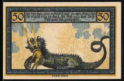 Notgeld Geldern, 50 Pfennig, Drache und Wappen, Kreissparkasse Glogau, Konto S 150, Seriennummer 034681