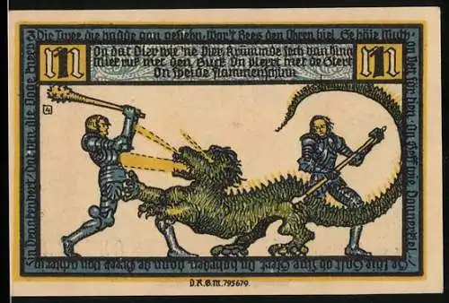 Notgeld Geldern, 1921, 1 Mark, Ritter kämpfen gegen Drachen, Wappen und Schriftzug der Kreissparkasse Geldern