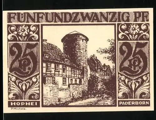 Notgeld Paderborn, 1921, 25 Pfennig, historische Gebäude und Skyline der Stadt