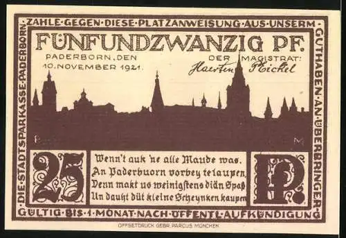 Notgeld Paderborn, 1921, 25 Pfennig, historische Gebäude und Skyline der Stadt