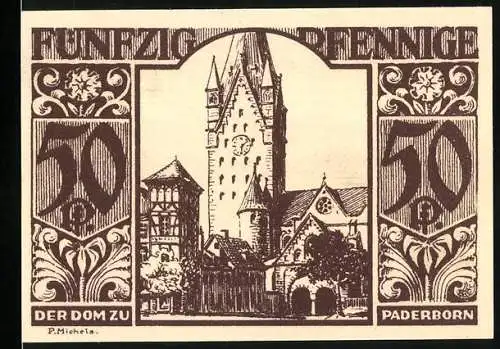 Notgeld Paderborn, 1921, 50 Pfennig, Der Dom zu Paderborn, Edelmann und Arbeiter