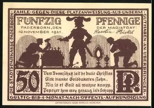 Notgeld Paderborn, 1921, 50 Pfennig, Der Dom zu Paderborn, Edelmann und Arbeiter