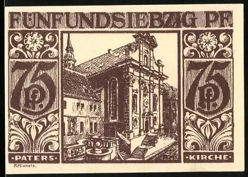 Notgeld Paderborn, 1921, 75 Pfennig, Paterskirche und Marktszene mit Brunnen
