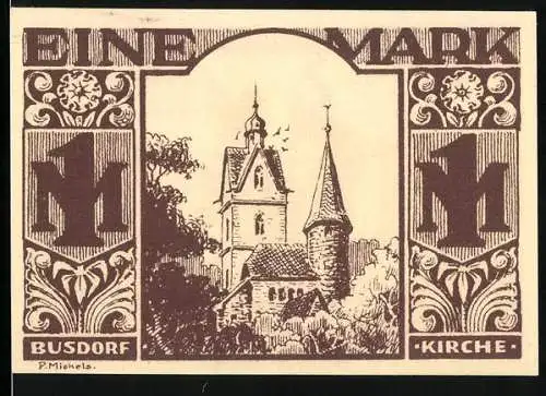 Notgeld Paderborn 1921, 1 Mark, Vorderseite Kirche Busdorf, Rückseite Handwerker und Leuchter