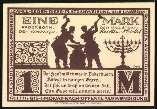 Notgeld Paderborn 1921, 1 Mark, Vorderseite Kirche Busdorf, Rückseite Handwerker und Leuchter