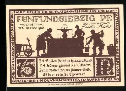 Notgeld Paderborn 1921, 75 Pfennig, Szenen mit Brunnen und Bauten, gültig bis vier Monate