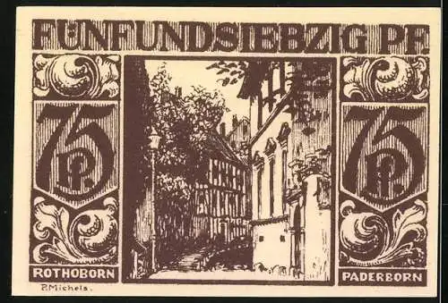 Notgeld Paderborn 1921, 75 Pfennig, Szenen mit Brunnen und Bauten, gültig bis vier Monate