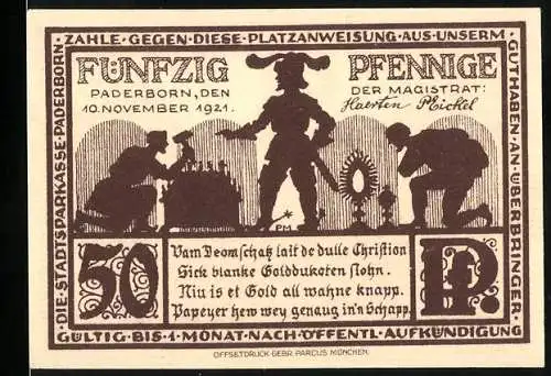 Notgeld Paderborn 1921, 50 Pfennig, Illustration von Handwerkern und Domfriedhof