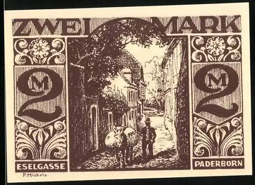 Notgeld Paderborn, 1921, Zwei Mark, Vorderseite Eselgasse mit Esel und Mann, Rückseite Esel mit humorvollem Spruch