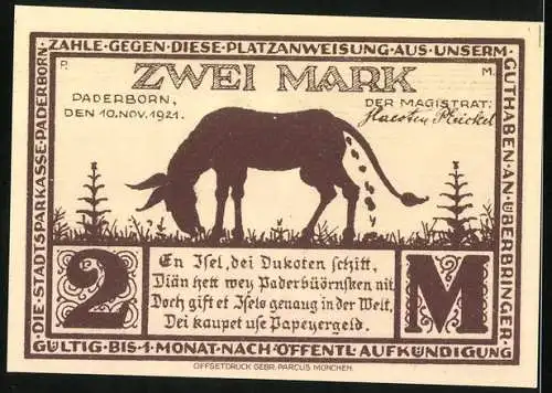 Notgeld Paderborn, 1921, Zwei Mark, Vorderseite Eselgasse mit Esel und Mann, Rückseite Esel mit humorvollem Spruch