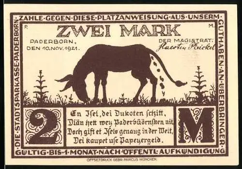 Notgeld Paderborn 1921, Zwei Mark, Esel und Eselgasse