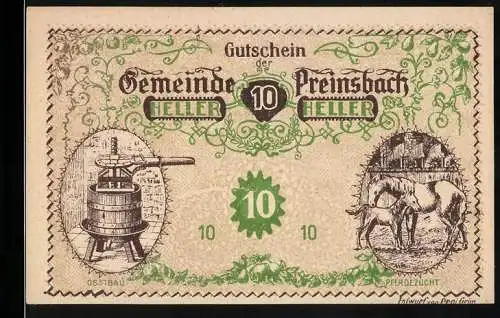 Notgeld Preinsbach, 1920, 10 Heller, Obstbau und Pferdezuchtabbildungen auf der Vorderseite