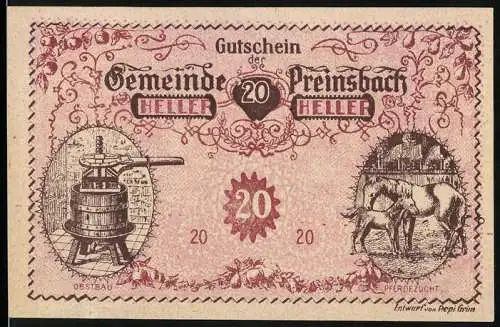 Notgeld Preinsbach, 1920, 20 Heller, Obstbau und Pferdezucht-Illustrationen