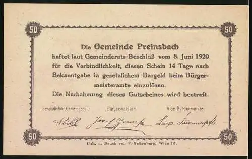 Notgeld Preinsbach, 1920, 50 Heller, Gutschein der Gemeinde Preinsbach mit Abbildungen von Weinpresse und Pferdezucht