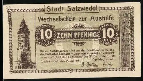 Notgeld Salzwedel 1921, 10 Pfennig, Wechselschein zur Aushilfe mit Turmabbildung, Rückseitig Gemeindestempel