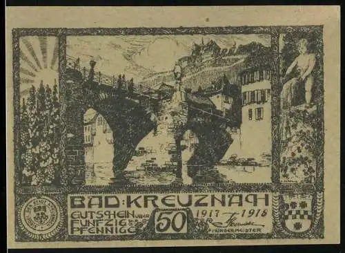 Notgeld Bad Kreuznach 1917, 50 Pfennig, Brückenmotiv, Kaiser Wilhelm II., General Ludendorff & Hindenburg Portraits