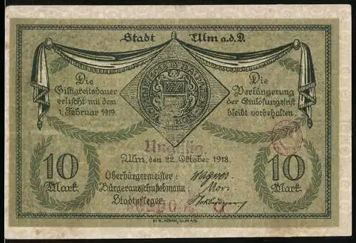 Notgeld Ulm 1918, 10 Mark, Stadt Ulm a.d. Donau, Stadtansicht, Wappen und Signaturen
