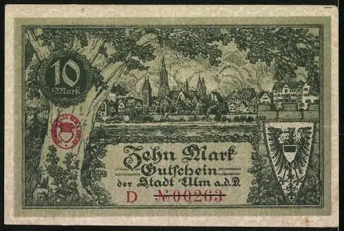 Notgeld Ulm 1918, 10 Mark, Stadt Ulm a.d. Donau, Stadtansicht, Wappen und Signaturen