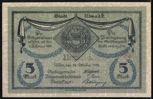 Notgeld Ulm, 1918, 5 Mark, Gutschein der Stadt Ulm a.d.D., gültig bis 1. Februar 1919