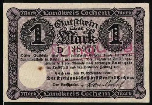Notgeld Cochem 1918, 1 Mark, Burg Cochem Motiv, lila Verzierungen, Seriennummer D 38907