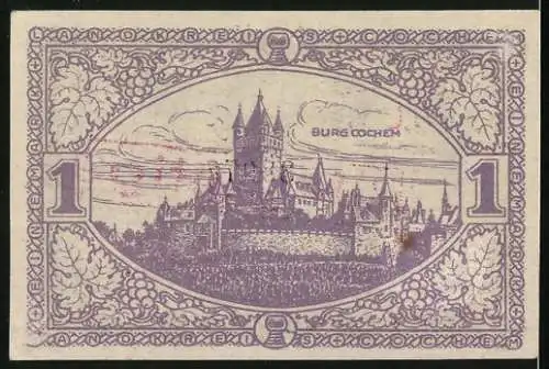 Notgeld Cochem 1918, 1 Mark, Burg Cochem Motiv, lila Verzierungen, Seriennummer D 38907