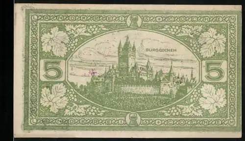 Notgeld Cochem, 1918, 5 Mark, Burg Cochem und Eichenlaub-Muster