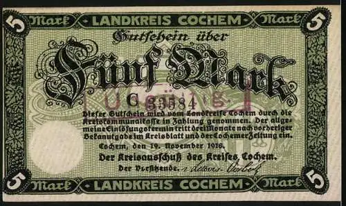 Notgeld Cochem, 1918, 5 Mark, Burg Cochem und Eichenlaub-Muster
