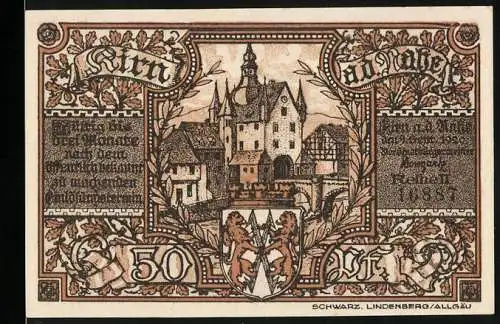 Notgeld Kirn 1921, 50 Pfennig, Abbildung von Schloss und Ritter auf Pferd