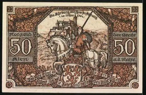 Notgeld Kirn 1921, 50 Pfennig, Abbildung von Schloss und Ritter auf Pferd