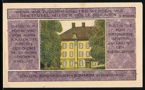 Notgeld Jerichow, 1921, 3 Mark, Schloss Schönhausen Bismarck Geburtshaus und Porträt Bismarck, Bauer auf Feld