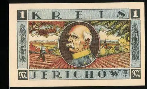 Notgeld Jerichow 1921, 1 Mark, Portrait von Bismarck und Schloss Schönhausen, gültig bis 1922