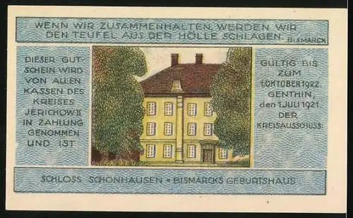 Notgeld Jerichow 1921, 1 Mark, Portrait von Bismarck und Schloss Schönhausen, gültig bis 1922