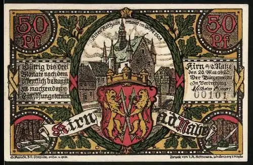 Notgeld Kirn 1920, 50 Pfennig, Stadtansicht und Wappen mit Rittern und Burgruine
