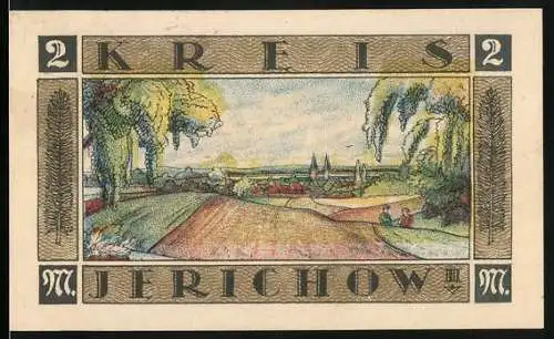 Notgeld Jerichow, 1921, 2 Mark, Landschaft und Stadtansicht, Burgmauer mit Trompeten
