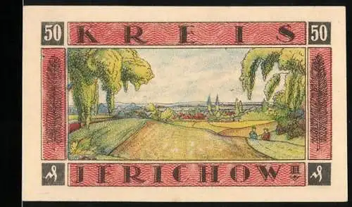 Notgeld Jerichow, 1921, 50 Pfennig, Landschaft und Festungsmauer mit Sonnenstrahlen