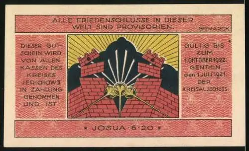 Notgeld Jerichow, 1921, 50 Pfennig, Landschaft und Festungsmauer mit Sonnenstrahlen