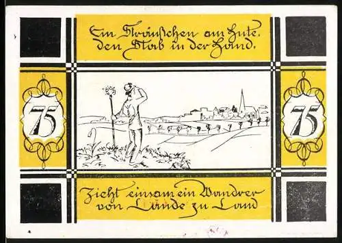 Notgeld Bilsen, 1921, 75 Pfennig, Ein Wanderer mit Blume zieht durch die Landschaft
