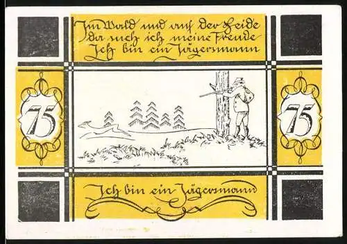 Notgeld Bilsen 1921, 75 Pfennig, Jagdmotiv und Gültigkeitshinweis