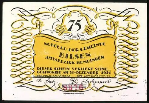 Notgeld Bilsen 1921, 75 Pfennig, Jagdmotiv und Gültigkeitshinweis