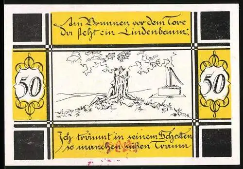 Notgeld Bilsen, 1921, 50 Pfennig, gelb mit Baum und Brunnen, gültig bis 31. Dezember 1921, Amtsbezirk Hemdingen