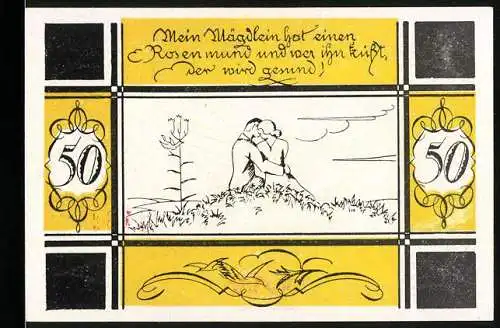 Notgeld Bilsen 1921, 50 Pfennig, Küssendes Paar auf Wiese und Gültigkeit bis 31. Dezember 1921