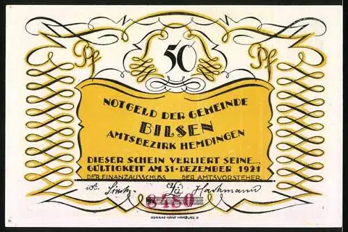 Notgeld Bilsen 1921, 50 Pfennig, Küssendes Paar auf Wiese und Gültigkeit bis 31. Dezember 1921