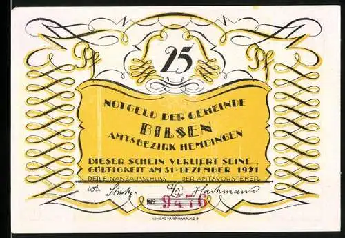 Notgeld Bilsen 1921, 25 Pfennig, gelber Rahmen mit Schrift und Zeichnung eines Bogenschützen