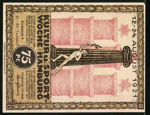 Notgeld Hamburg 1921, 75 Pf, Kultur- und Sportwoche mit Kirche und Säule