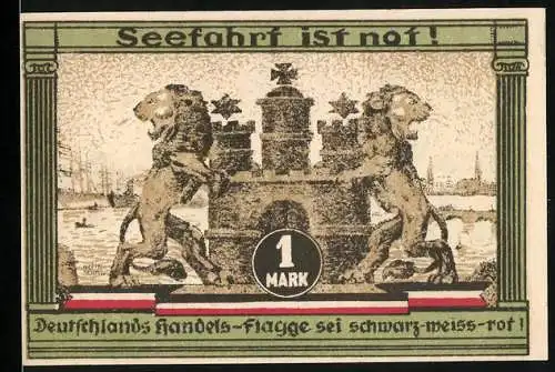 Notgeld Hamburg, 1921, 1 Mark, Seefahrt ist not, KULTUR- U. SPORTWOCHE HAMBURG 12.-24. AUGUST 1921