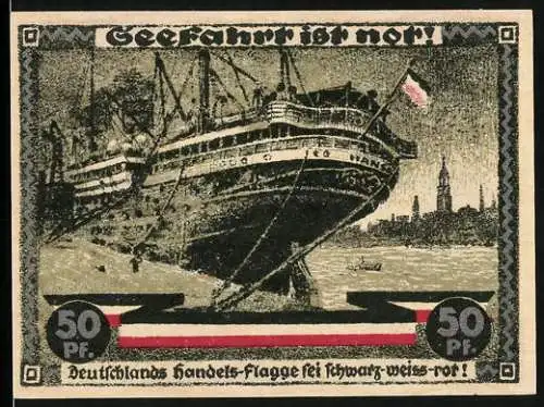 Notgeld Hamburg, 1921, 50 Pf., Schiff mit Flagge und Kultur- und Sportwoche Hamburg