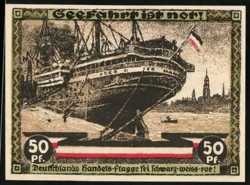 Notgeld Hamburg, 1921, 50 Pf, Deutschlands Handels-Flagge bei schwarz-weiss-rot, Kultur- u. Sportwoche Hamburg