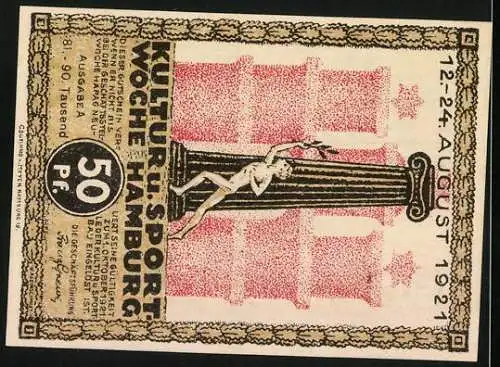 Notgeld Hamburg, 1921, 50 Pf, Deutschlands Handels-Flagge bei schwarz-weiss-rot, Kultur- u. Sportwoche Hamburg