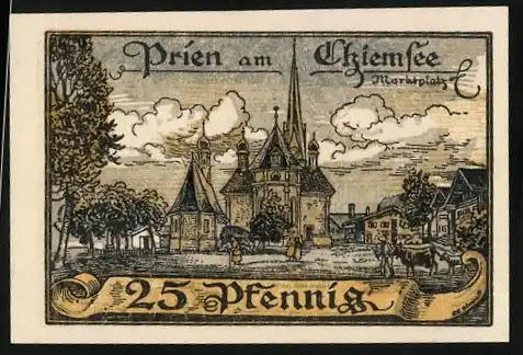 Notgeld Prien am Chiemsee, 1920, 25 Pfennig, Marktplatz, Gemeinderat Gutschein