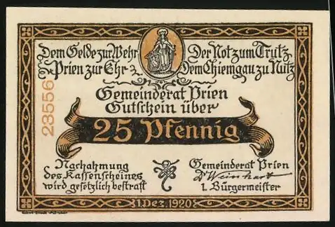 Notgeld Prien am Chiemsee, 1920, 25 Pfennig, Marktplatz, Gemeinderat Gutschein